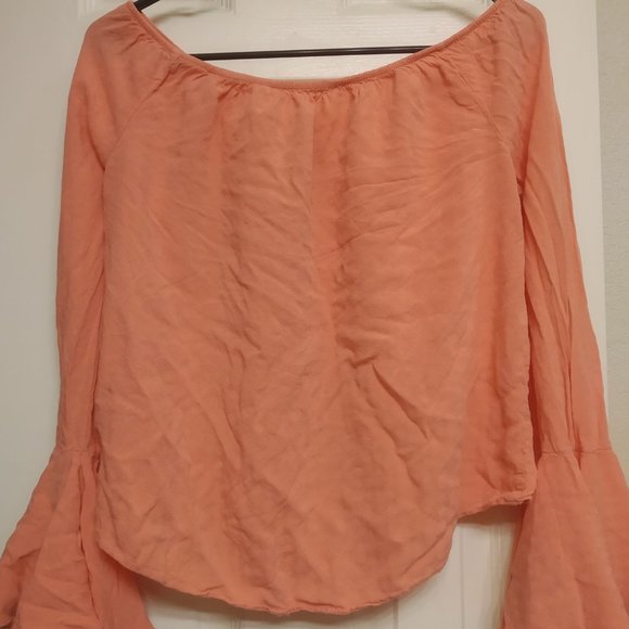 Coral Off-the-Shoulder Crop Top w/ Flared Sleeves - Picture 2 of 5